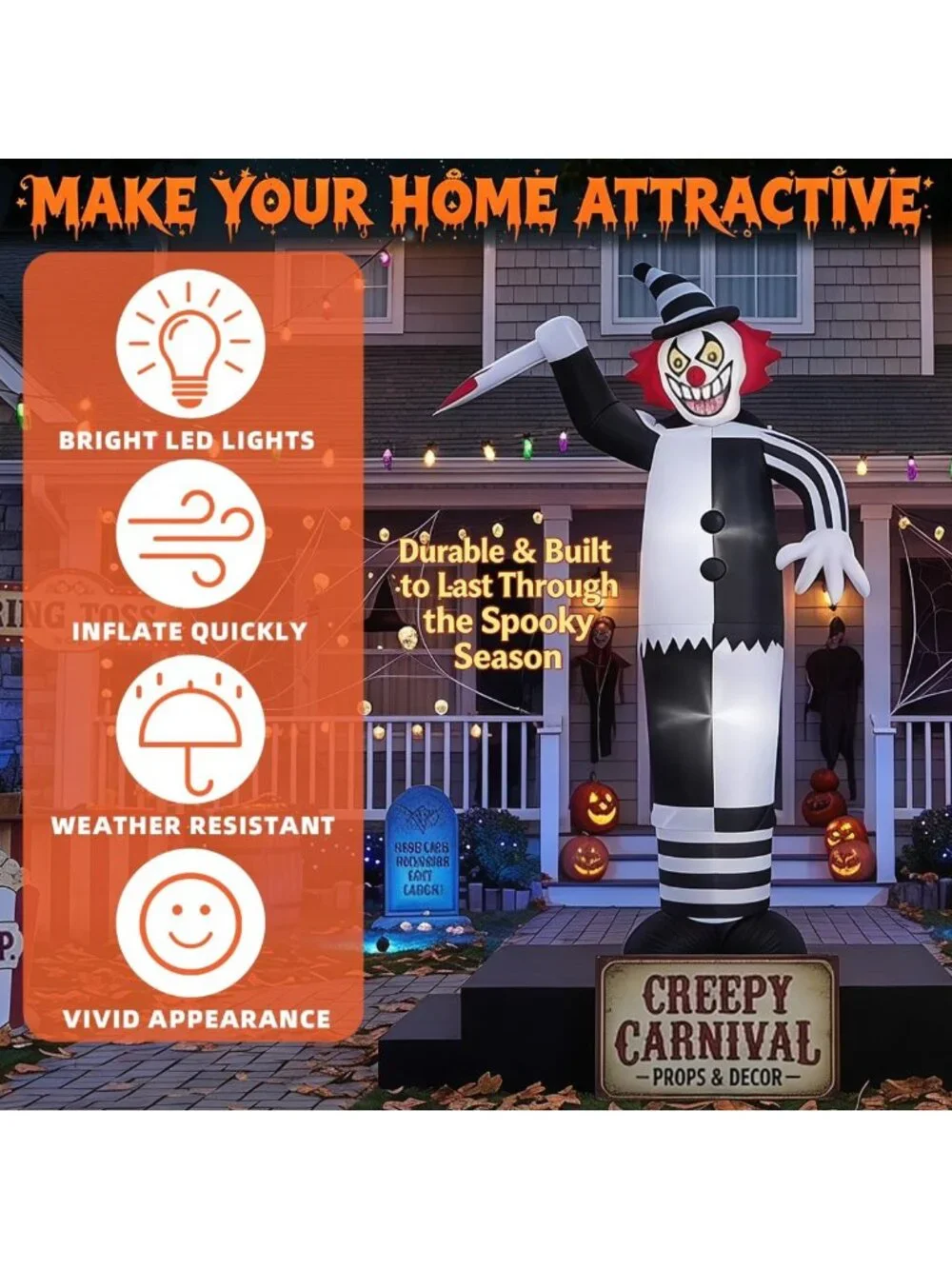 12ft Halloween Inflatable Clown Decoration with Knife - Spooky Outdoor Yard